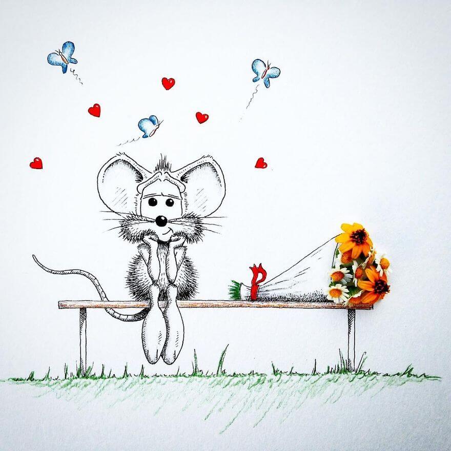 rikiki-mouse-want-tobe-part-of-real-life-with-flower-on-banch-park