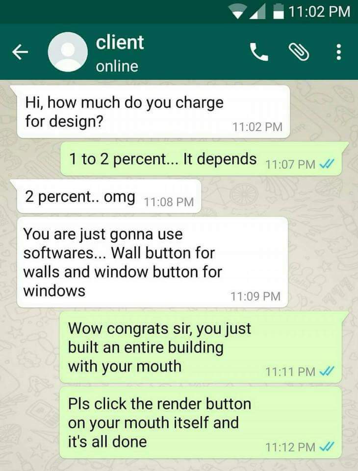 Graphic Designer Memes: conversation on WhatsApp between clients and designer meme