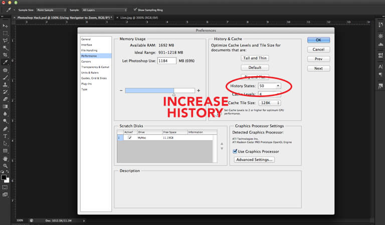 How to increase photoshop history