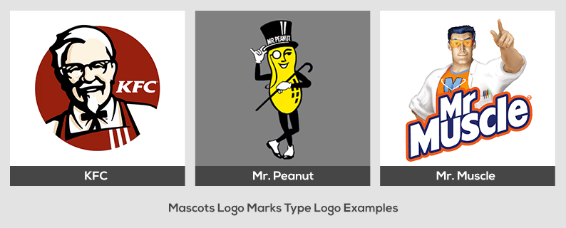 Mascots Type Logo Examples - KFC, Mr Peanut & Mr. Muscle