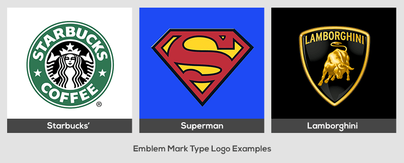 Emblem Mark Type Logo -Examples Starbucks’, Superman and Lamborghini